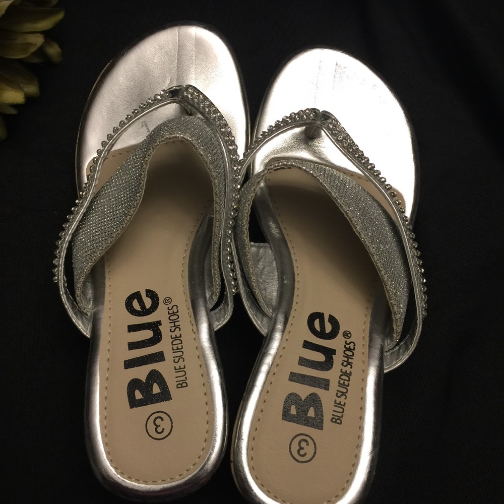 Blue, Blue Suede Shoes-Silver Wedge Sandals-Size:3 - Picture 5 of 7